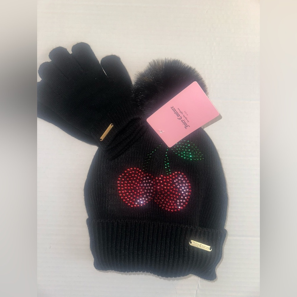 Stunning juicy couture beanie and glove set with bling cherry’s!!